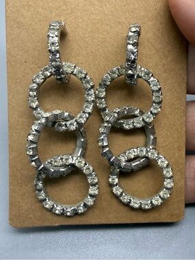 Vintage Rhinestone Linked Dangle Hoop Earrings Silver Tone